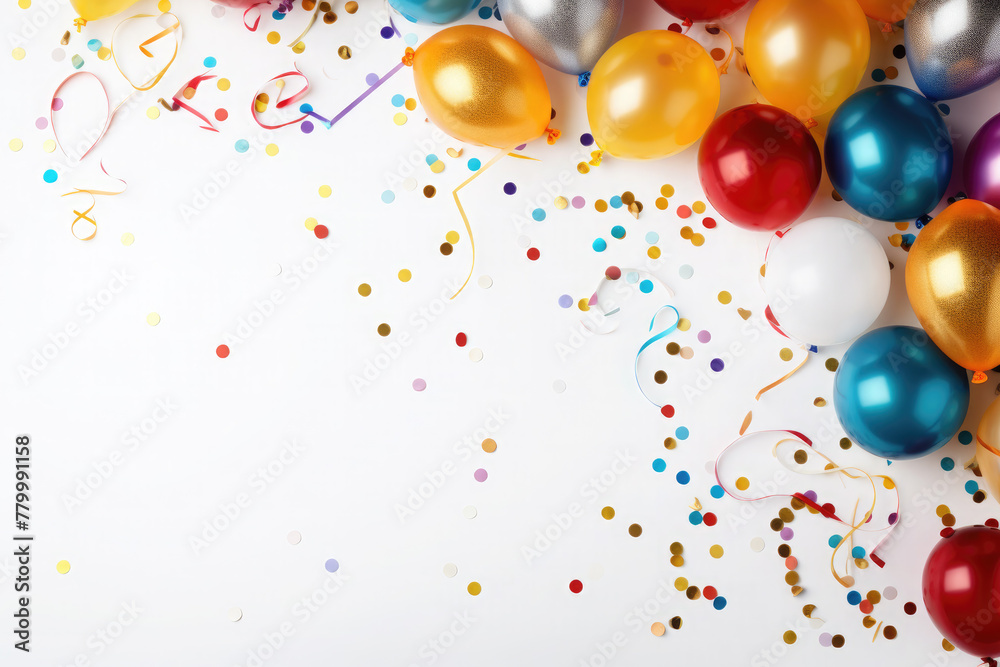 Birthday card. Balloons, confetti on white background. Empty space for text, frame Birthday card. Balloons, confetti on white background. Empty space for text, frame