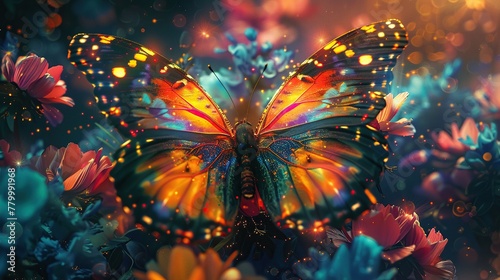 A digital art piece depicting the moment a butterfly takes its first breath  the exchange of gases visualized as a kaleidoscope of colors