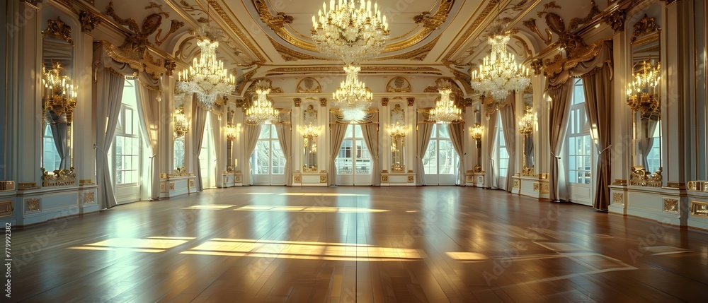 Opulent Ballroom Elegance with Golden Chandeliers and Plush Drapery. Concept Luxurious Venue, Golden Accents, Exquisite Decor, Elegant Lighting, Regal Atmosphere