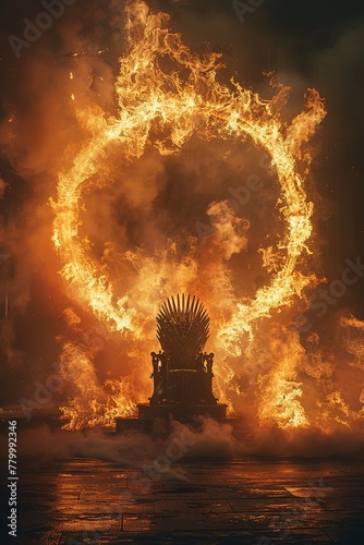A throne encircled by a ring of fire, controlled by the monarchs gestures, a symbol of unattainable power photo