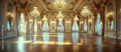 Opulent Ballroom Elegance with Golden Chandeliers and Plush Drapery. Concept Luxurious Venue, Golden Accents, Exquisite Decor, Elegant Lighting, Regal Atmosphere
