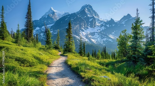   A dirt trail cuts through a sprawling grassy expanse, framed by a towering mountain backdrop and an ensemble of trees in the foreground photo