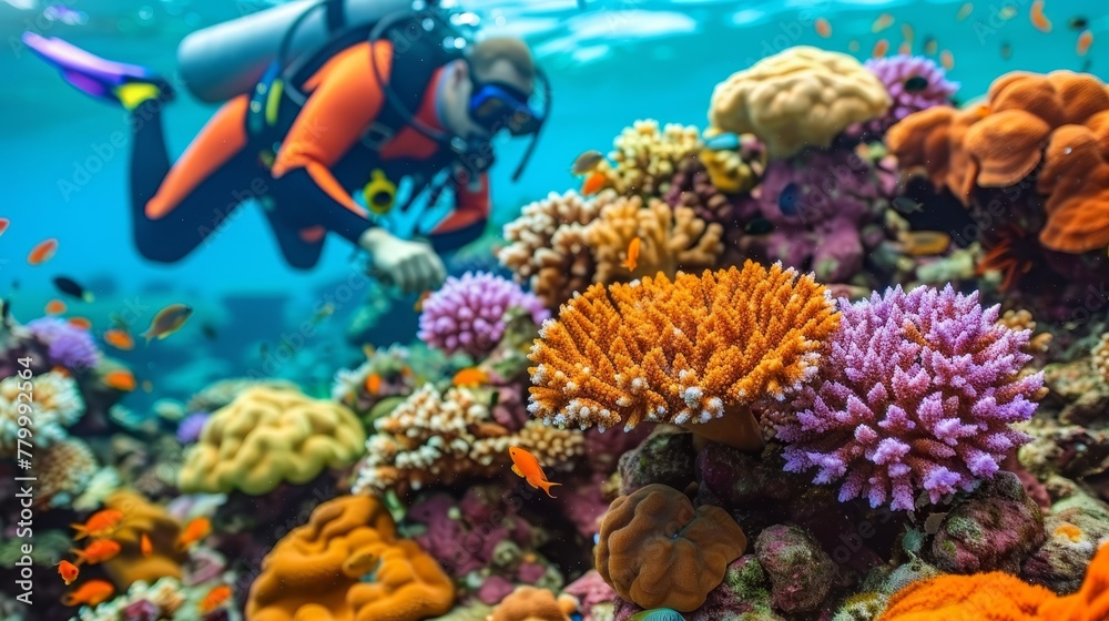   A man in scuba gear explores over a vibrant coral reef An orange-purple sea anemone is prominently featured in the foreground