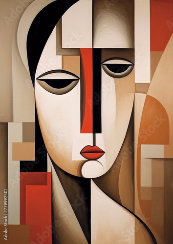 Geometric shapes in muted colors depict a woman's face in a cubism style painting.