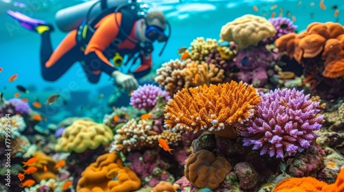   A man in scuba gear explores over a vibrant coral reef An orange-purple sea anemone is prominently featured in the foreground © Jevjenijs
