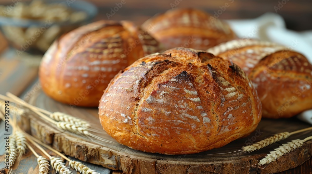   A collection of loaves on a wooden table, one beside a bowl of oatmeal