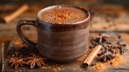   A tight shot of a coffee cup on a table, adorned with cinammon sticks and star anise