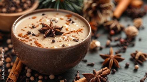  A tight shot of a bowl of food on a table, adorned with cinnamon and star anise sprinkles © Jevjenijs
