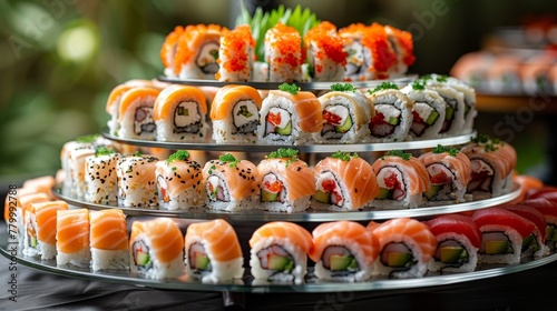  A platter holds an assortment of sushi on the table, surrounded by additional sushi and foods