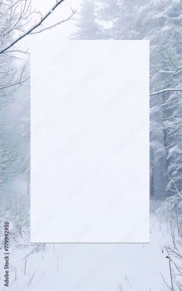 Snowy forest with a blank white frame in the middle Snowy forest with a blank white frame in the middle
