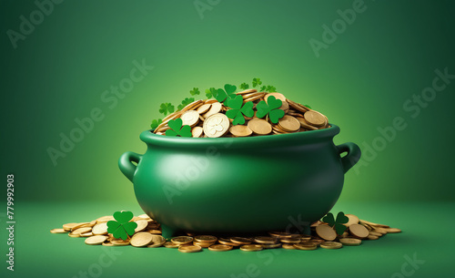 Pot of luck with coins, shamrocks and clovers, Banner, St. Patrick's Day, green background, vignette , detailed