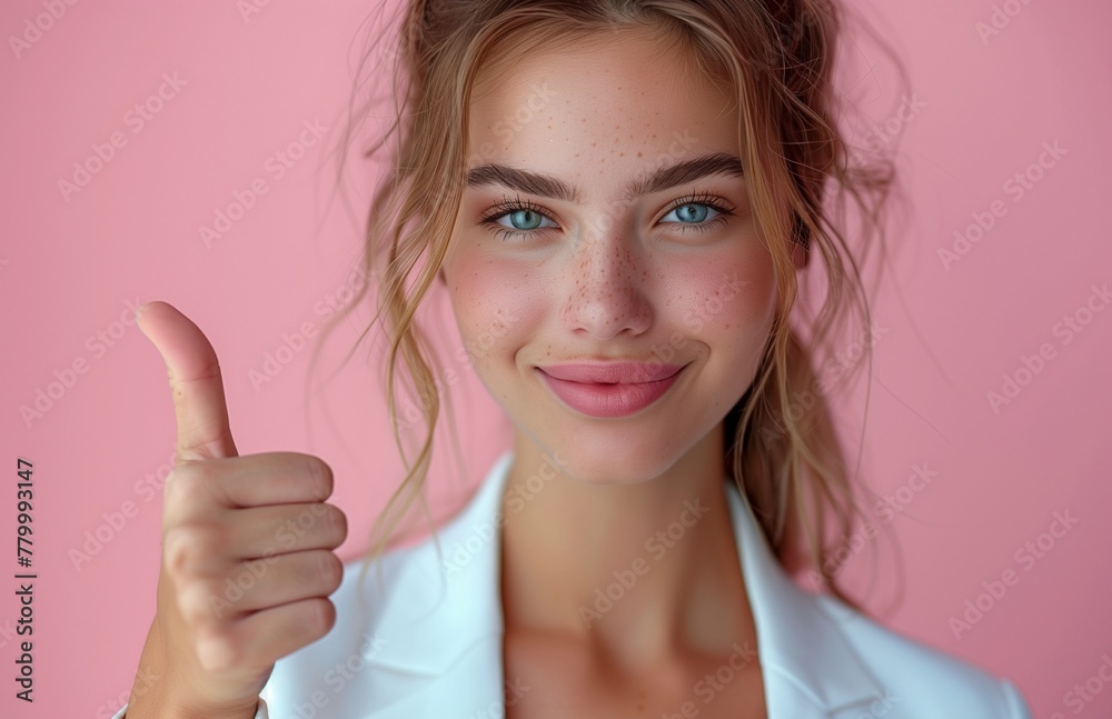 Elegant businesswoman in white suit gives thumbs up, symbolizing approval, success, and professional confidence Elegant businesswoman in white suit gives thumbs up, symbolizing approval, success, and professional confidence