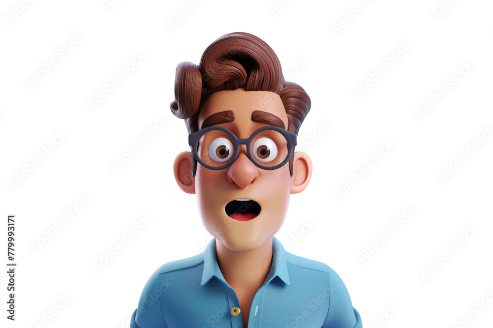 Portrait of surprised shocked scared cartoon character adult man male person wearing casual blue shirt in 3d style design on light background. Human people feelings expression concept