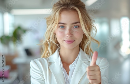 Elegant businesswoman in white suit gives thumbs up, symbolizing approval, success, and professional confidence