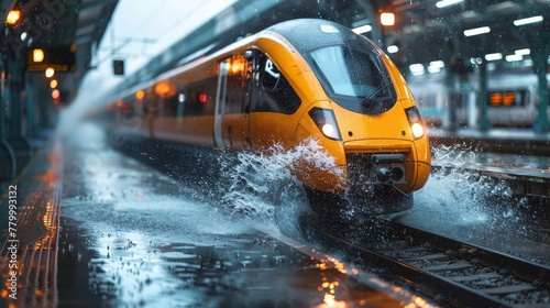  A yellow train travels down train tracks, spraying water from its front at the train station