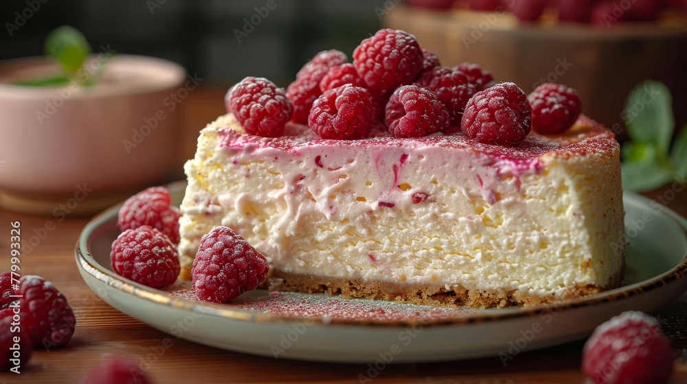 A cheesecake on a plate, topped with raspberries Behind it, a bowl of raspberries A cheesecake on a plate, topped with raspberries Behind it, a bowl of raspberries