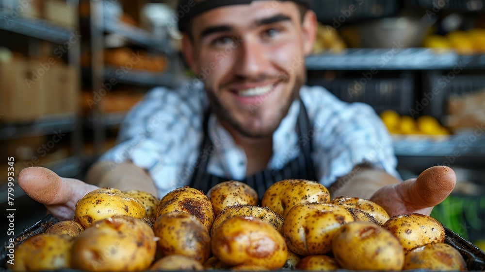   A man, beaming, presents a tray of potatoes before a rack in a grocery store