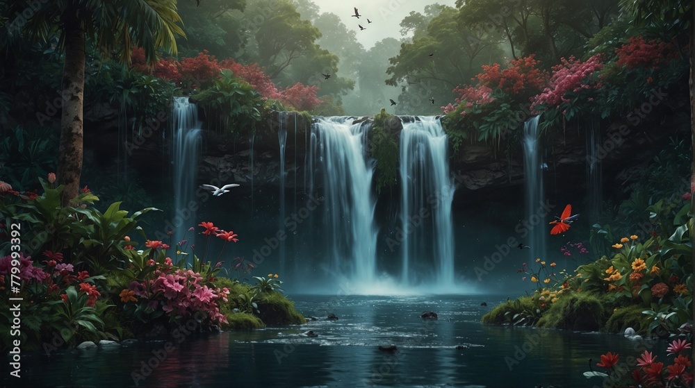 Digital Illustration of Exotic Waterfalls Landscape for Wallpaper and Digital Print