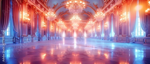 Opulent Ballroom with Majestic Chandeliers and Plush Drapery.. Concept Opulent Ballroom, Majestic Chandeliers, Plush Drapery