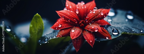 Red flower with water droplets, close-up.