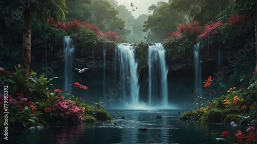 Digital Illustration of Exotic Waterfalls Landscape for Wallpaper and Digital Print