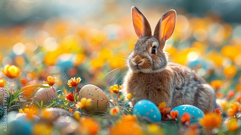 A rabbit sits in a flower-filled field, with eggs in sharp focus before it Background softly blurred A rabbit sits in a flower-filled field, with eggs in sharp focus before it Background softly blurred