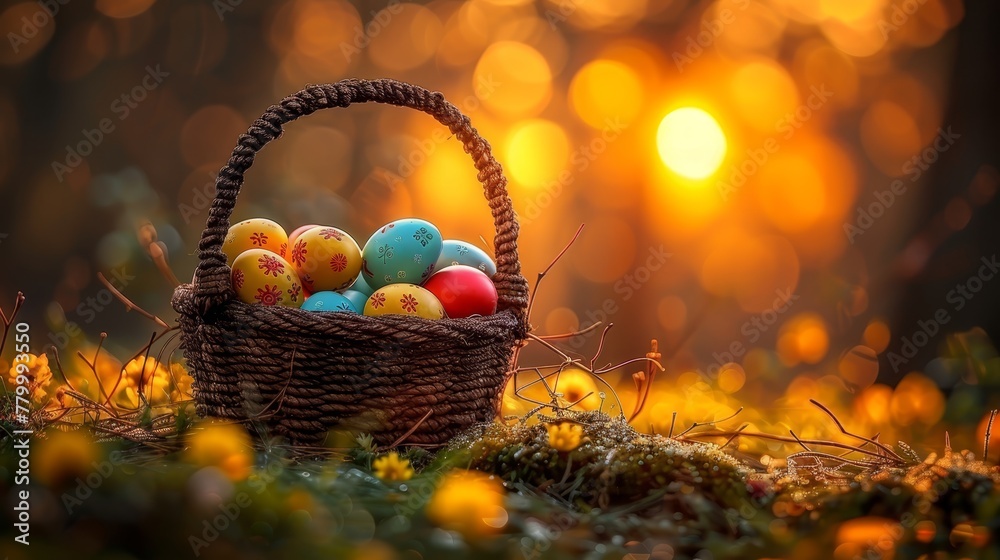 A basket brimming with multihued Easter eggs atop a verdant grassy expanse, adjacent to a yellow flower-strewn field A basket brimming with multihued Easter eggs atop a verdant grassy expanse, adjacent to a yellow flower-strewn field