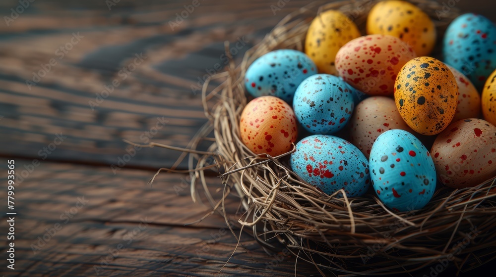 A bird's nest atop a brown-and-blue speckled wooden table, housing eggs A bird's nest atop a brown-and-blue speckled wooden table, housing eggs