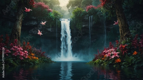 Digital Illustration of Exotic Waterfalls Landscape for Wallpaper and Digital Print