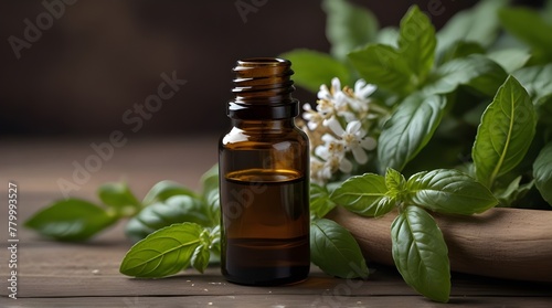 Bottle of essential oil with herbs holy basil flower .Generative AI