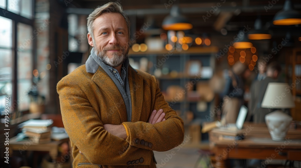 A man stands with crossed arms before a room filled with lamps and a table bearing a solitary lamp A man stands with crossed arms before a room filled with lamps and a table bearing a solitary lamp