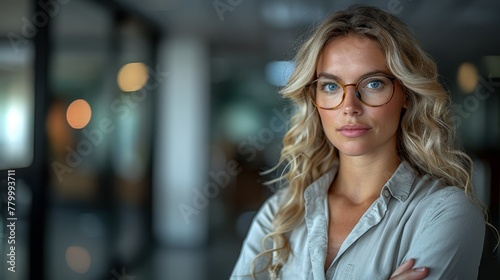   A beautiful blonde woman in glasses stands before a transparent glass wall, arms crossed, gazing directly into the camera photo