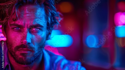  A bearded man with long hair gazes into the distance, surrounded by neon lights in a dimly lit room