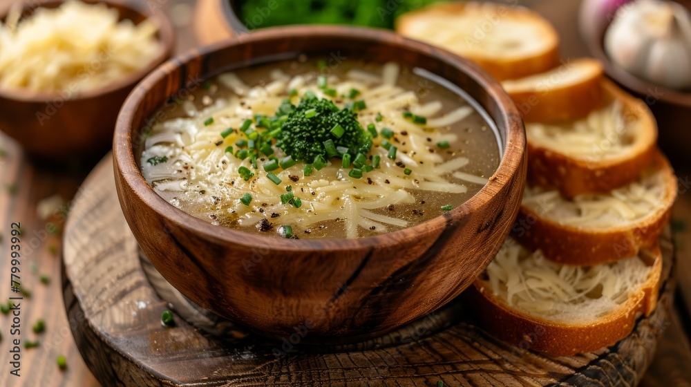 A wooden bowl holds steaming soup garnished with Parmesan cheese and chives atop a rustic table A wooden bowl holds steaming soup garnished with Parmesan cheese and chives atop a rustic table