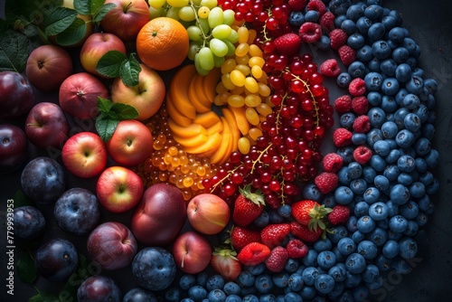 Colorful spiral arrangement of various fruits, making it visually appealing and highlighting the diversity and richness.