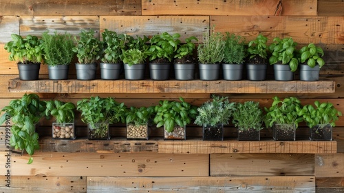   A wooden shelf, brimming with numerous potted plants, rests against a wall of interchangeable wood planks photo