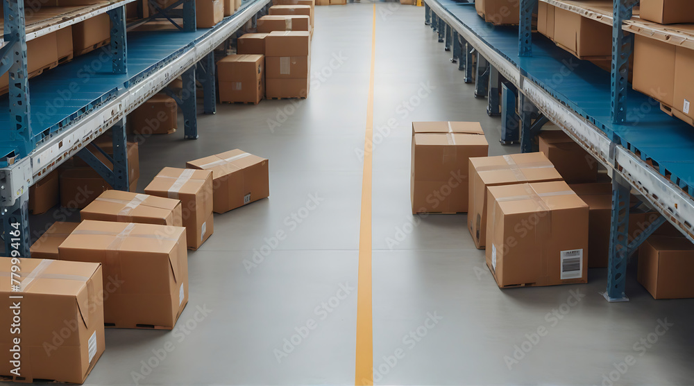 A long conveyor belt in a distribution warehouse with row of cardboard box packages for e-commerce delivery and automated logistics concepts as wide banner with copy space, futuristic, boxes A long conveyor belt in a distribution warehouse with row of cardboard box packages for e-commerce delivery and automated logistics concepts as wide banner with copy space, futuristic, boxes