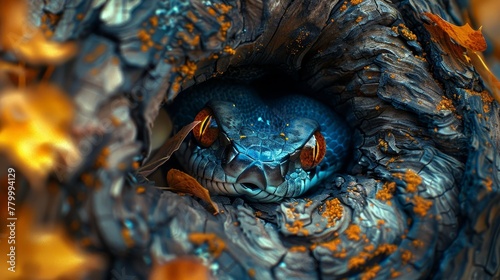   A tight shot of a blue snake's eye surrounded by orange and yellow tree leaves © Jevjenijs