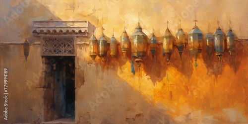 Ornate doorway, warm golden hues, hanging lanterns.