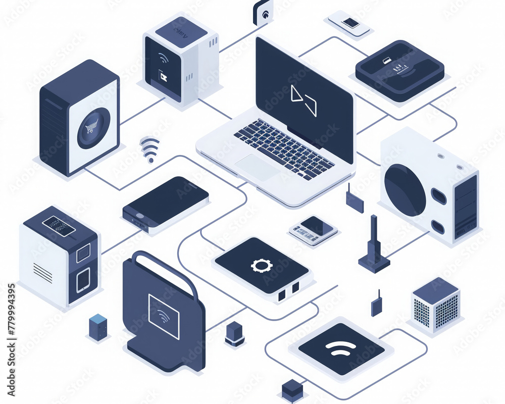 Clean, simple illustration of a network of devices, representing the connectivity facilitated by IT services Clean, simple illustration of a network of devices, representing the connectivity facilitated by IT services