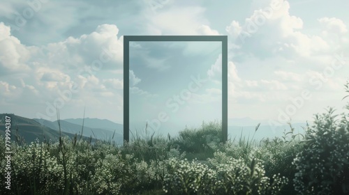 A background with a floating  framed canvas displaying only blank space within a scenic landscape.