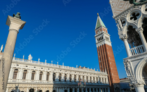Scenic view of statue of Lion of Venice, Statue of Saint Teodoro of Amaseat and Church of San Giorgio Maggiore in Venice, Veneto, Northern Italy, Europe. Venetian architectural landmarks
