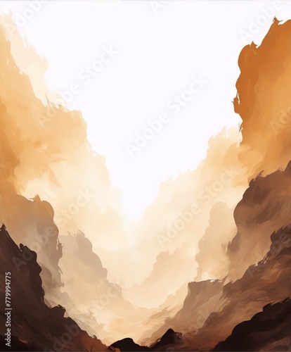 A vast, ochre canyon, a deep valley of light and shadow.
