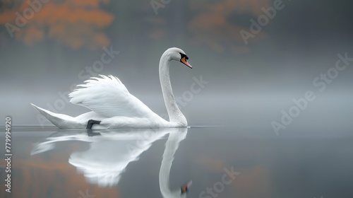   A white swan glides atop a tranquil lake  wings extended  mirrored in the foggy water s surface