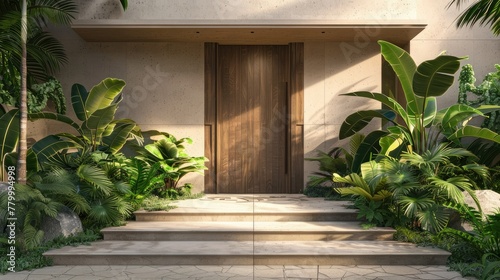 modern house with wooden door and stone steps  tropical plants flanking the entrance  beige walls  concrete floor  front view