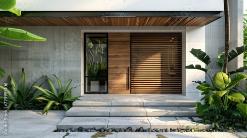 modern house with wooden door and stone steps, tropical plants flanking the entrance, beige walls, concrete floor, front view