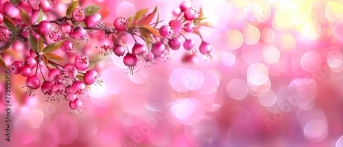   A tight shot of flower blooms on a branch, with a softly blurred backdrop of ambient light