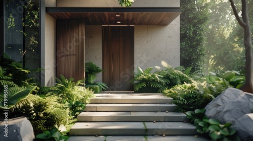 modern house with wooden door and stone steps, tropical plants flanking the entrance, beige walls, concrete floor, front view photo