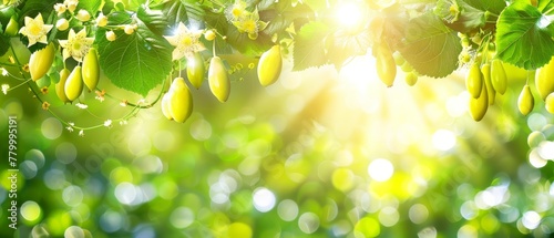   A tight shot of ripe fruits dangling from a tree against a backdrop of sunlight filtering through its leaves on a sunlit day