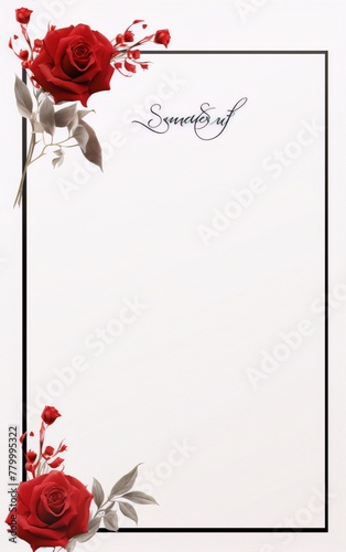 Elegant red roses frame a blank invitation.
